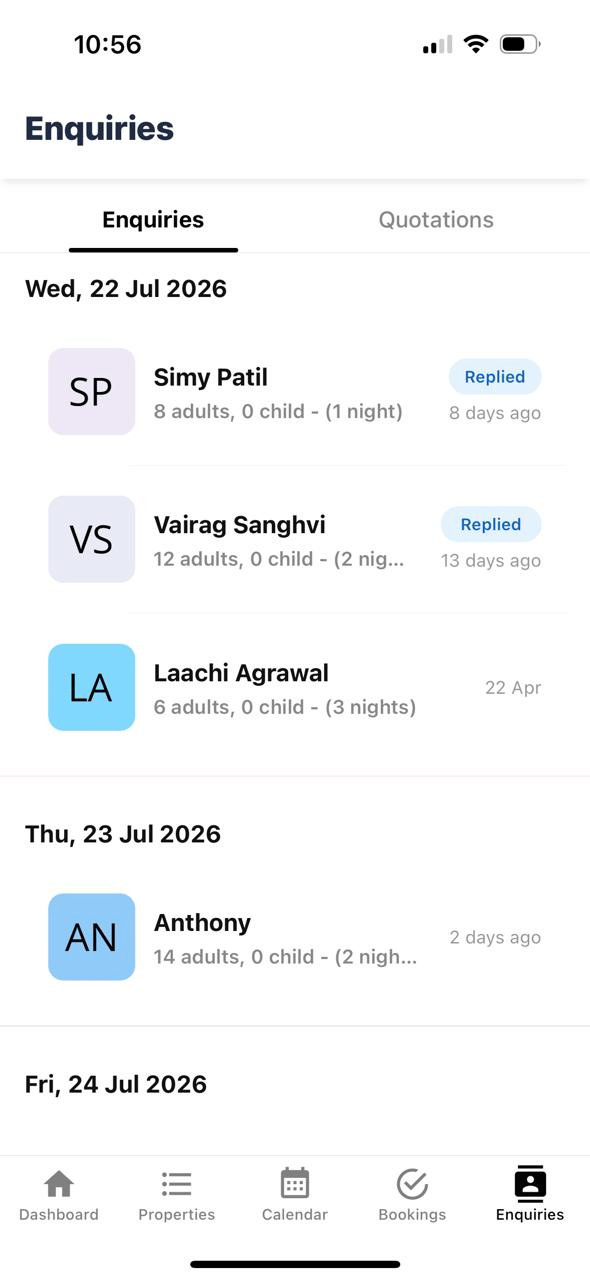 Doorloom enquiry management — availability and price shared to a guest on WhatsApp